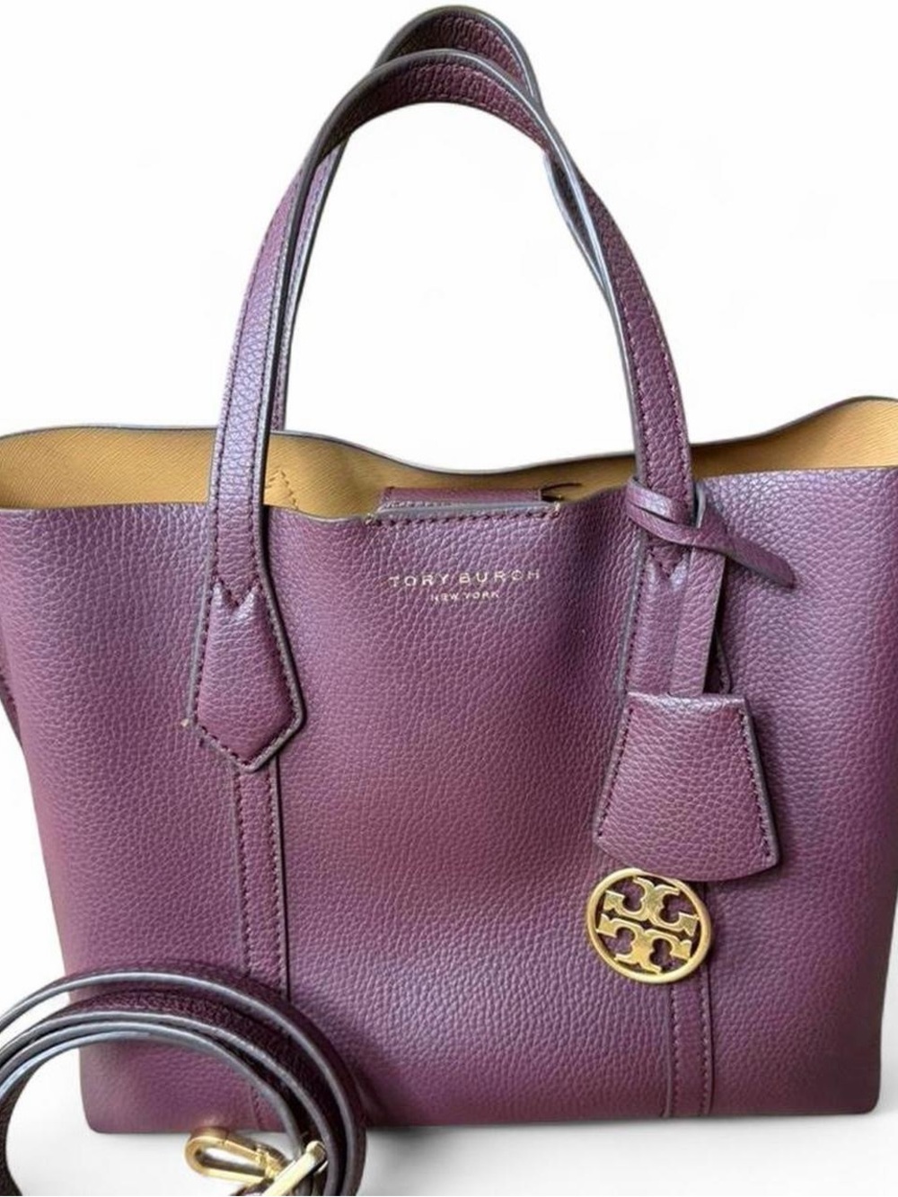 Tory Burch Perry Small Tote Burgundy Leather Crossbody Gold Logo 💼✨ New York Bag